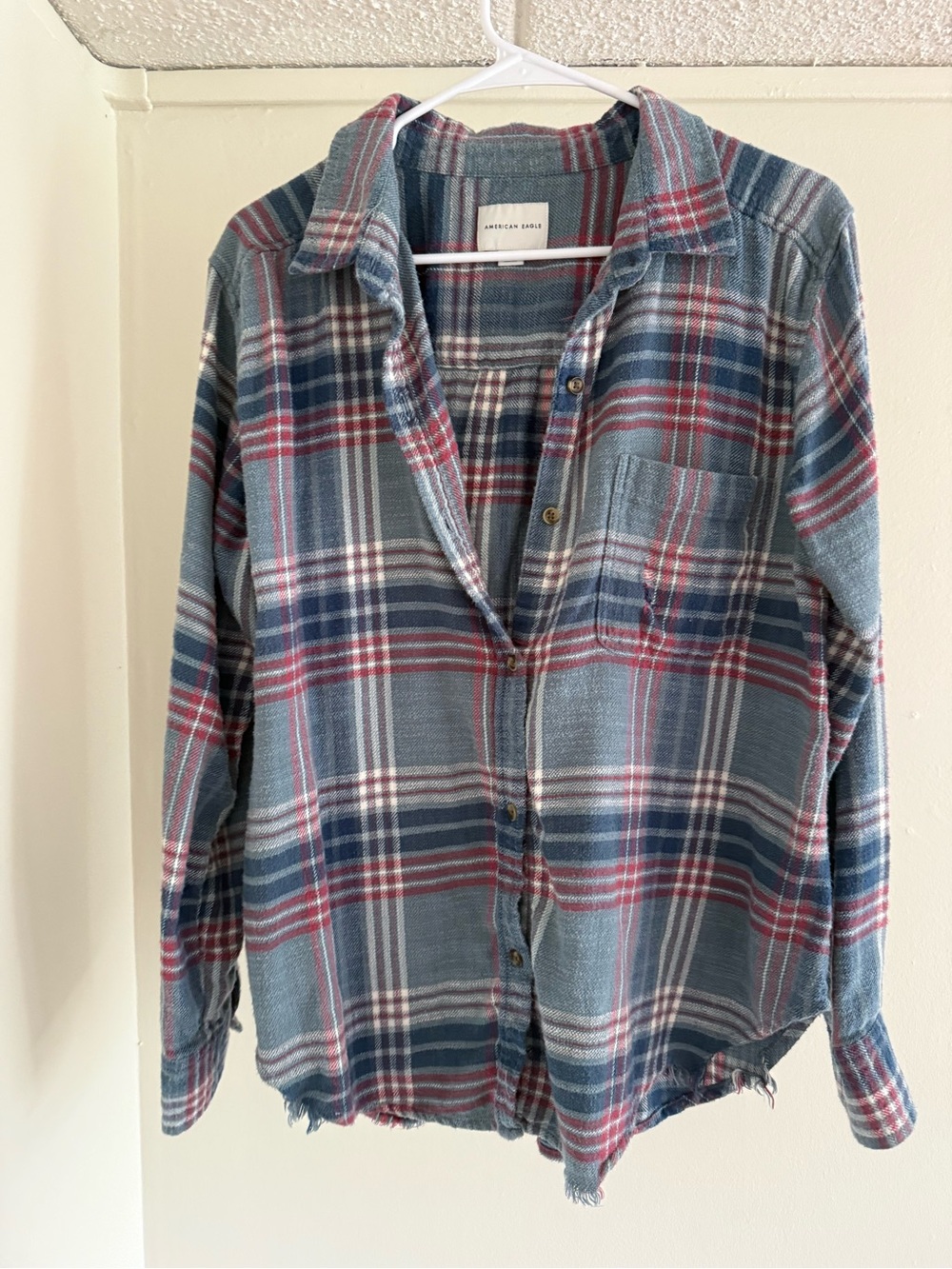 American Eagle Outfitters Plaid Button-Down Shirt in Blue and Red